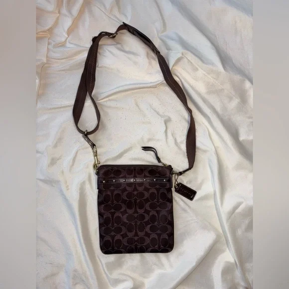 Coach Signature Jacquard Chocolate Brown Studded Crossbody Purse - Picture 1 of 10